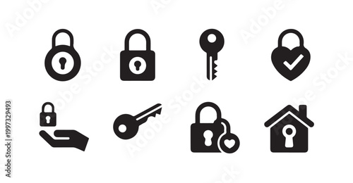 Security, privacy, and protection flat vector icons set. safety and lock collection signs.