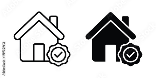 House icons, checked mark symbols, home approval signs, verification marks, 2 icon set