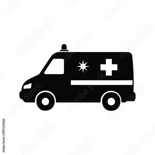 Black and white ambulance medical emergency vehicle silhouette vector illustration design, ambulance arriving at hospital silhouette vector illustration
