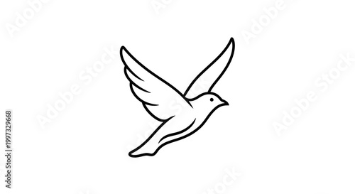 Minimalist line art drawing of a dove flying against a white background.