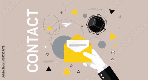 Minimalist geometric illustration of hand holding yellow envelope, abstract shapes and contact text on beige background, ideal for email marketing, communication designs, and contact page features.