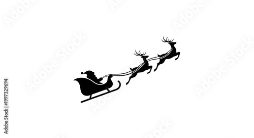 Santa Claus silhouette in sleigh pulled by reindeer on white background