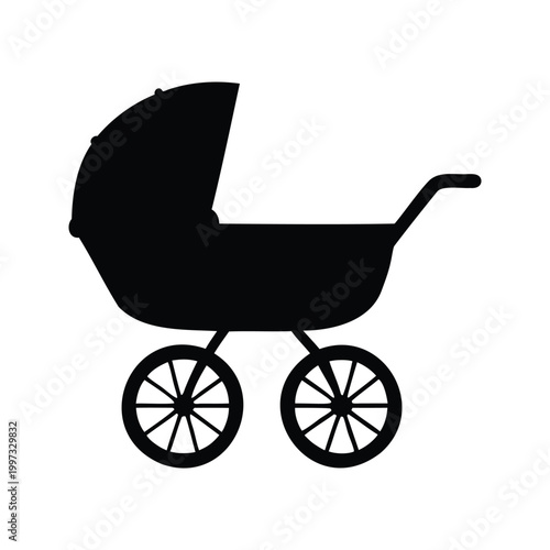 Black and white vintage baby carriage side view silhouette vector illustration design, baby carriage side view silhouette vector illustration