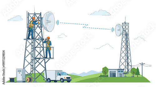 Telecommunication workers installing and maintaining communication towers and satellite dishes, illustrating network infrastructure and wireless technology development