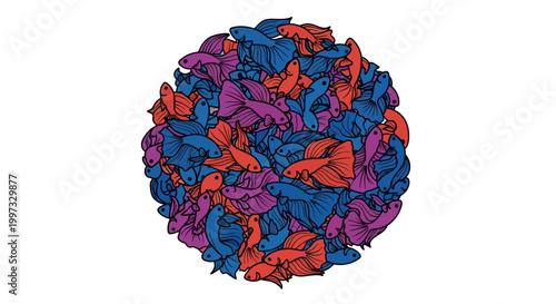 Vibrant Siamese Fighting Fish Circle Illustration - Colorful Betta School
