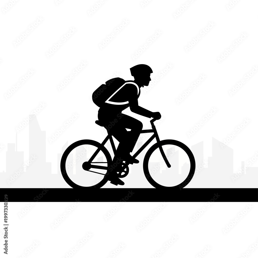 Naklejka premium Cyclist silhouette riding bicycle with backpack against white background.