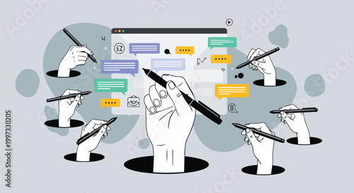 Stylized hand writing with a pen, surrounded by message bubbles, flat illustration, concept for communication, blogging and content creation.