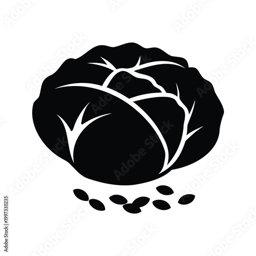 Minimalist black and white cabbage silhouette with scattered seeds vector illustration design, cabbage seeds silhouette vector illustration