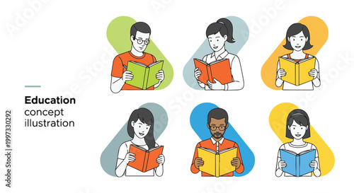 Stylized illustrations of people reading books with colorful abstract backgrounds, concept for educational content, online learning, and academic promotion.