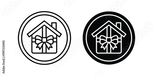 Real estate gift icons, house with bow symbols, property present signs, black and white graphics