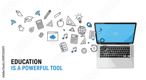 Top view of laptop with education icons and text, white background, concept for online learning, educational apps, and student resources.