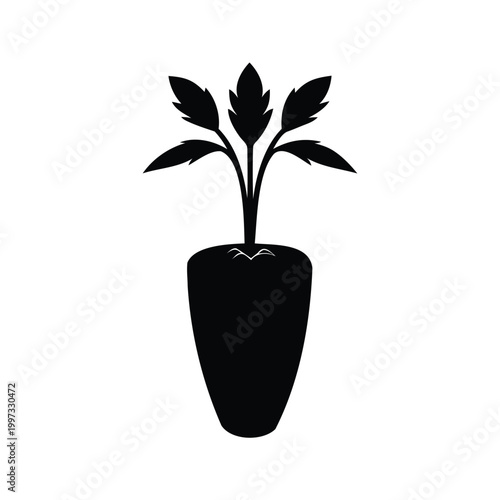 Silhouette of young carrot plant in black pot minimalist vector illustration design, carrot seedling silhouette vector illustration