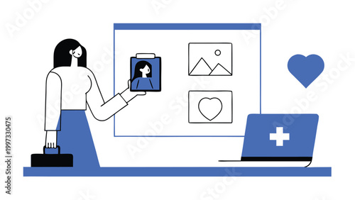 Healthcare Professional Reviewing Digital Medical History and Patient Case Files on Tablet abstract concept vector illustrations, black and blue vector art