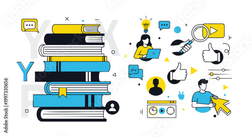 Vibrant illustration of books, people, and digital elements, with a modern minimalist style, perfect for education, online learning, and business presentations.