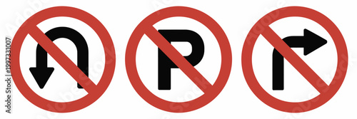 no u turn sign no parking sign no right turn sign road signs traffic signs prohibition collection, vector illustration set featuring traffic restriction symbols, representing road safety rules