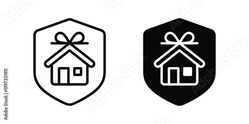 Home gift icons, house with bow shield logos, real estate symbols, black and white graphics