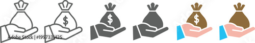 Money bag vector icon set representing finance, wealth, and business income concepts.