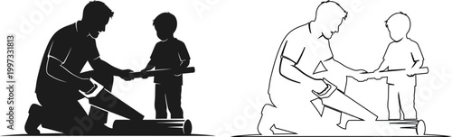 Adult teaching children how to surf on a surfboard together