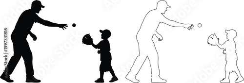 Illustration of adult teaching child how to catch baseball
