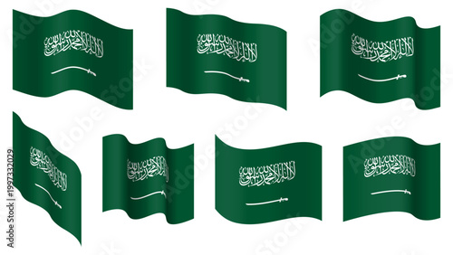 Saudi Arabia flag set, Saudi Arabia waving vector flag collection. Isolated on transparent background. Illustration. Design element for banner, presentation, sale, discount, advertisement, web.