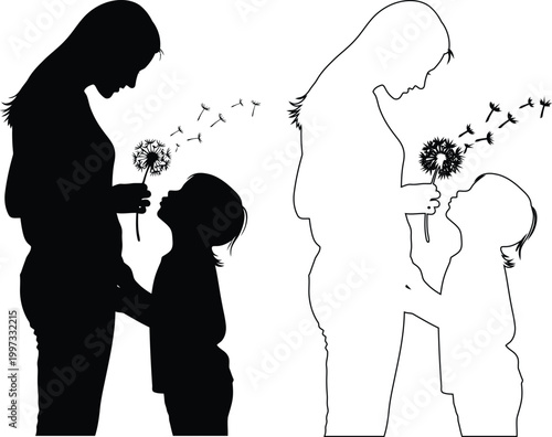 Mother And Child Blowing Dandelion Seeds Together Silhouette Art