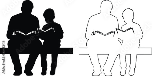 Family reading books together on bench silhouette illustration design