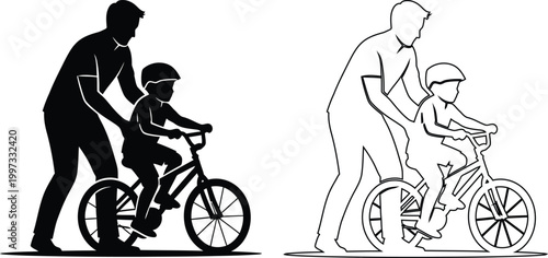 Adult Teaching Child How To Ride Bicycle With Training Wheels