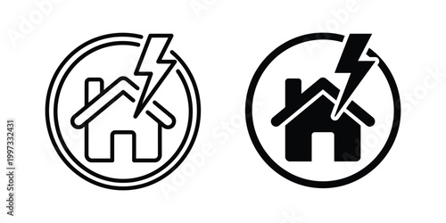 House Storm, Weather Icons, Lightning Bolt Symbols, Black and White Graphics