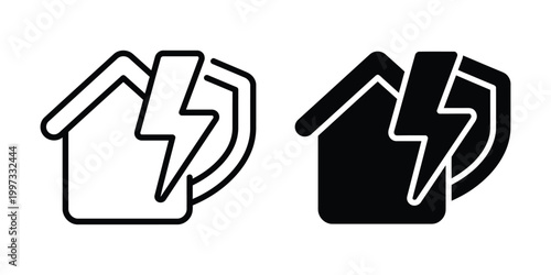 Electric House Icons, Black and White, Vector Symbols, Home Power Outage, Lightning Bolt Illustrations