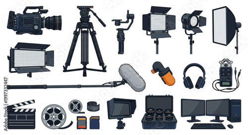 A comprehensive collection of professional equipment essentials for modern film and video content production and creative media projects