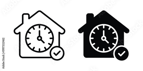 House clock icons, time management symbols, home schedule illustrations, black and white clock faces