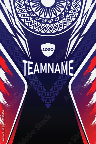 Abstract Soccer Jersey Design Template for Full Sublimation Printing, Modern E-sports Jersey Pattern with Geometric Tribal Shapes, Sports Apparel Graphic Design with Blue and Red Gradient Textures.