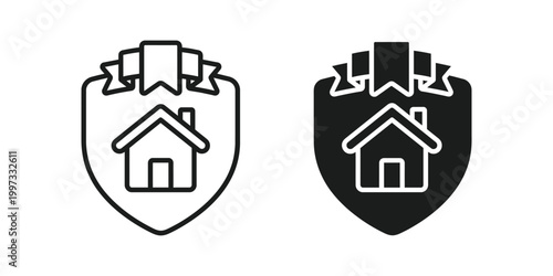 Home protection, security shield icons, house safeguard symbols, black and white