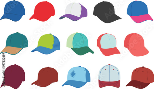 Baseball cap vector set, colorful snapback and trucker hats, casual headwear collection for fashion design illustration