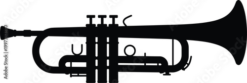 Trumpet instrument silhouette, jazz music brass horn, orchestra performance, classic vector illustration design