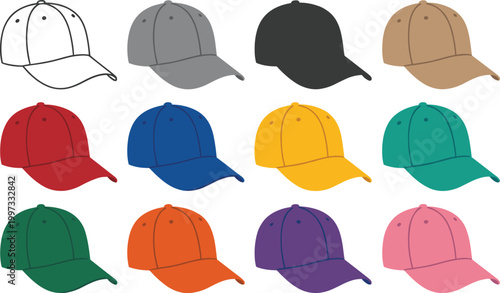 Baseball cap vector set, colorful casual hats, sport headwear collection for fashion design illustration