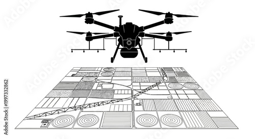 Drone with propellers and landing gear.