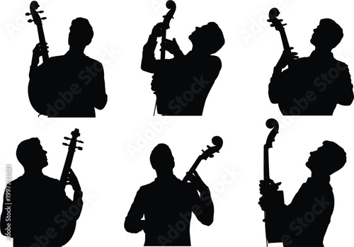 Cello player silhouettes set, classical musician performance, orchestra instrument art, vector illustration collection