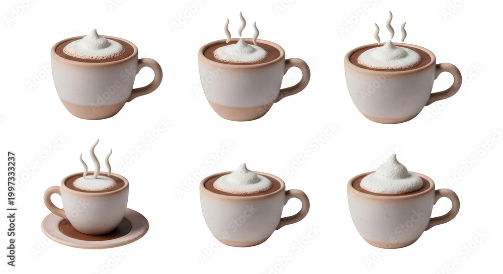 Obraz premium six clay mugs of warm drink with whipped cream against a white background a cafe advertisement or winter social media post