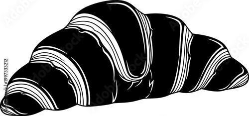 Detailed black silhouette of fresh croissant pastry isolated on white for bakery and food industry design