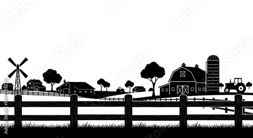 Farm Fence with Windmill and Barn.