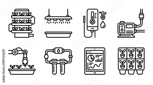 Modern agriculture and hydroponics icons set cultivation and technology