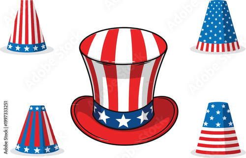 Colorful patriotic party hats in festive design isolated on transparent background