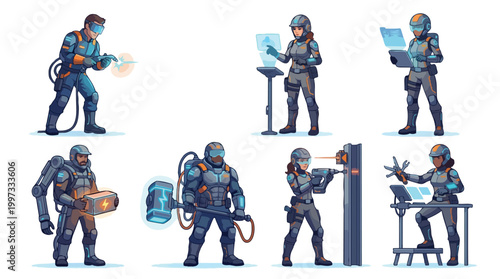 Diverse Industrial Workers Vector Set Featuring Construction, Engineering, and Tech Professionals in Protective Gear