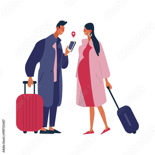 Flat vector illustration featuring diverse people with luggage using smartphones while traveling. Modern people standing with suitcases, backpacks and shopping bags, checking maps and mobile apps. 