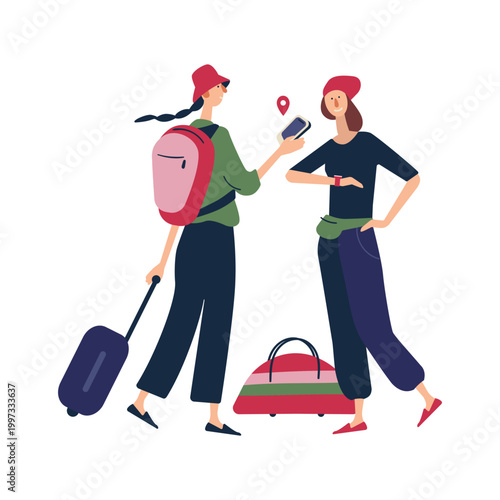 Flat vector illustration featuring diverse people with luggage using smartphones while traveling. Modern people standing with suitcases, backpacks and shopping bags, checking maps and mobile apps. 