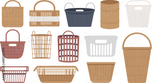 Basket vector set, wicker, plastic and laundry containers, storage and shopping baskets collection for household organization illustration design