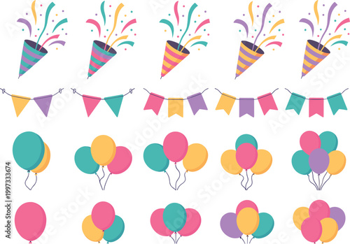 Festive party vector set, confetti poppers, garlands and colorful balloons collection for celebration design illustration
