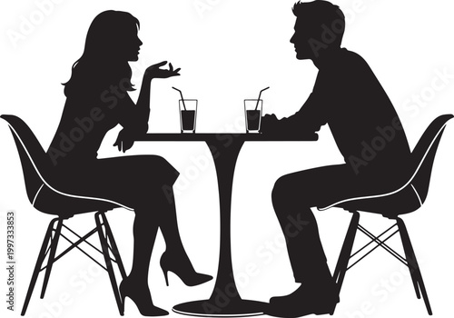 Silhouette of a man and woman conversing over drinks at a table, representing a casual date, social meeting, or interpersonal communication and interaction