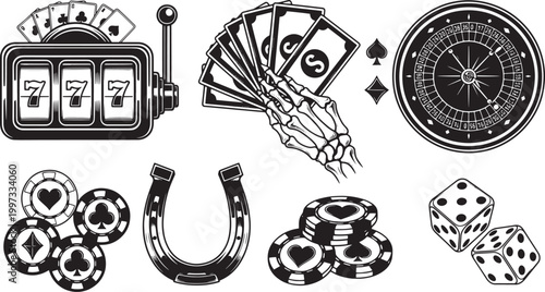 An enticing assortment of classic gaming illustrations, featuring iconic casino motifs and symbols of fortune, ideal for various design projects and entertainment themes